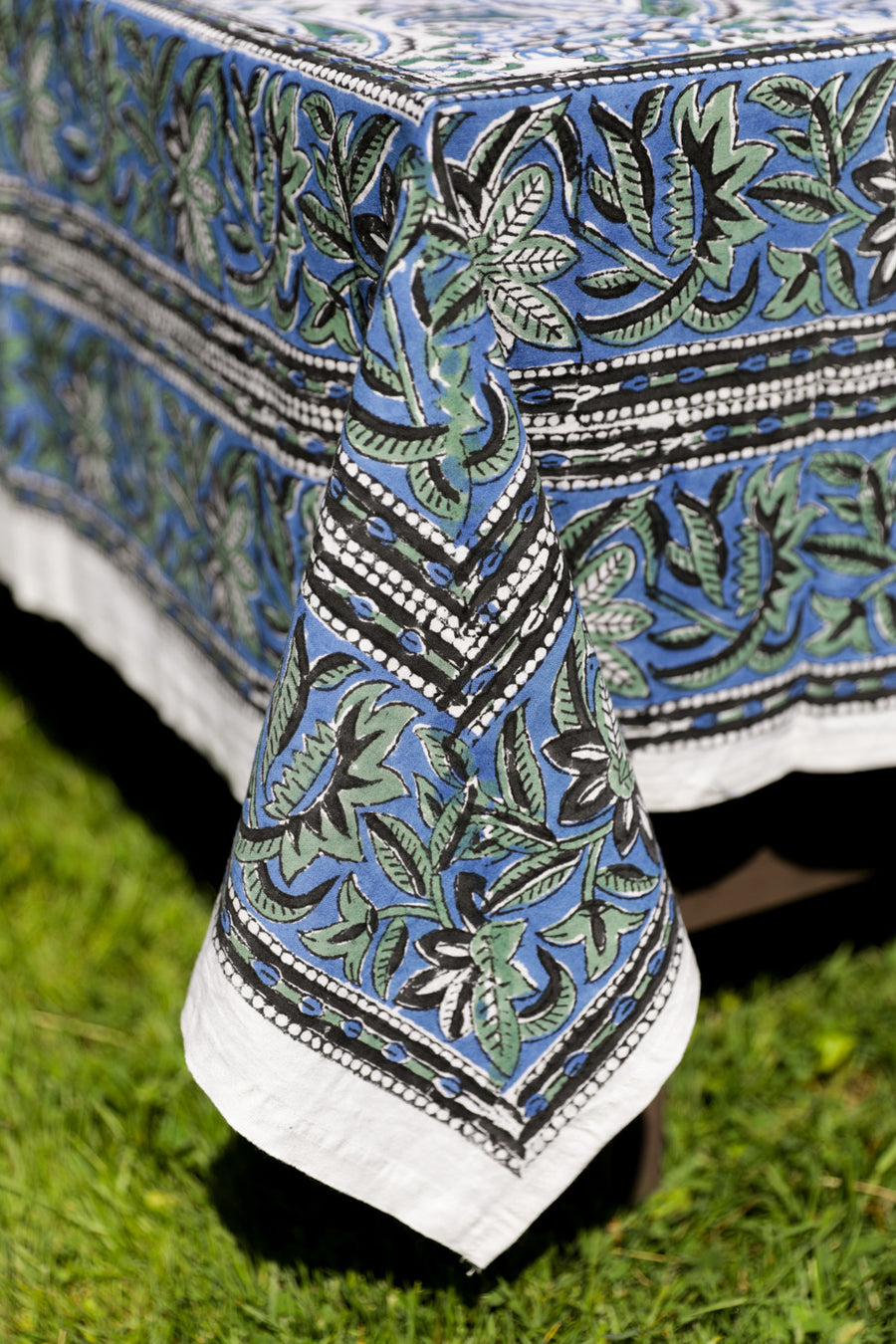 Block print tablecloth in bluegreen