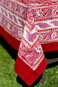 Block print tablecloth in garnet profusion