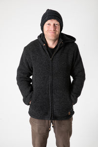 Chauncey wearing size L Charcoal wool hoodie jacket