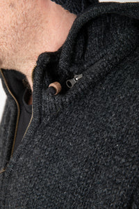 Chauncey wearing size L Charcoal wool hoodie jacket