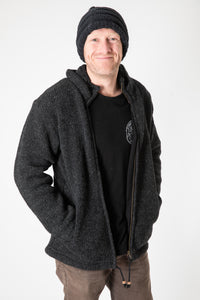 Chauncey wearing size L Charcoal wool hoodie jacket