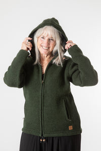 Toni wearing size S Dark Green wool hoodie jacket