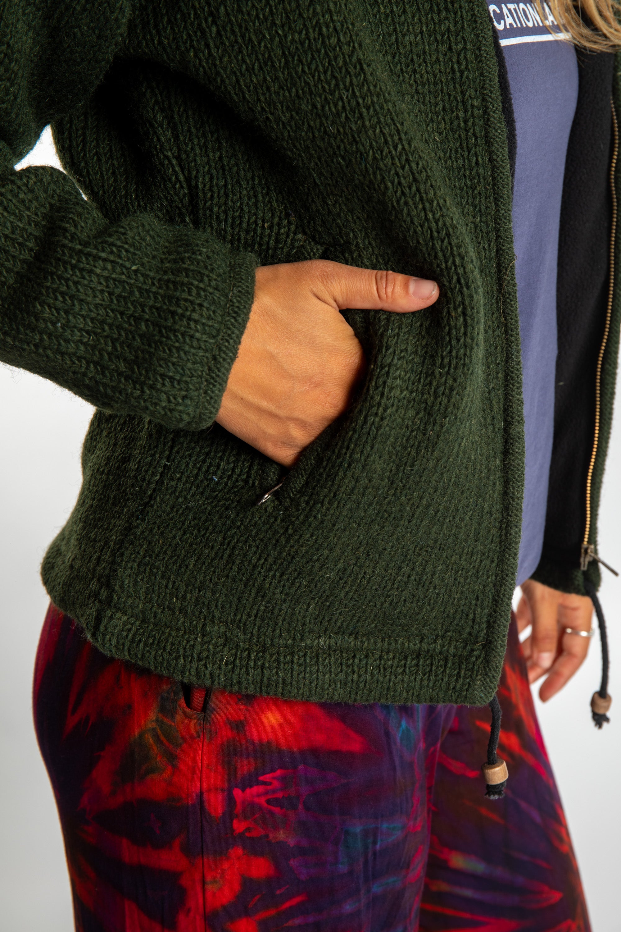 detail of pocket on dark green wool hooded jacket