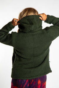 detail of hood on dark green wool hooded jacket