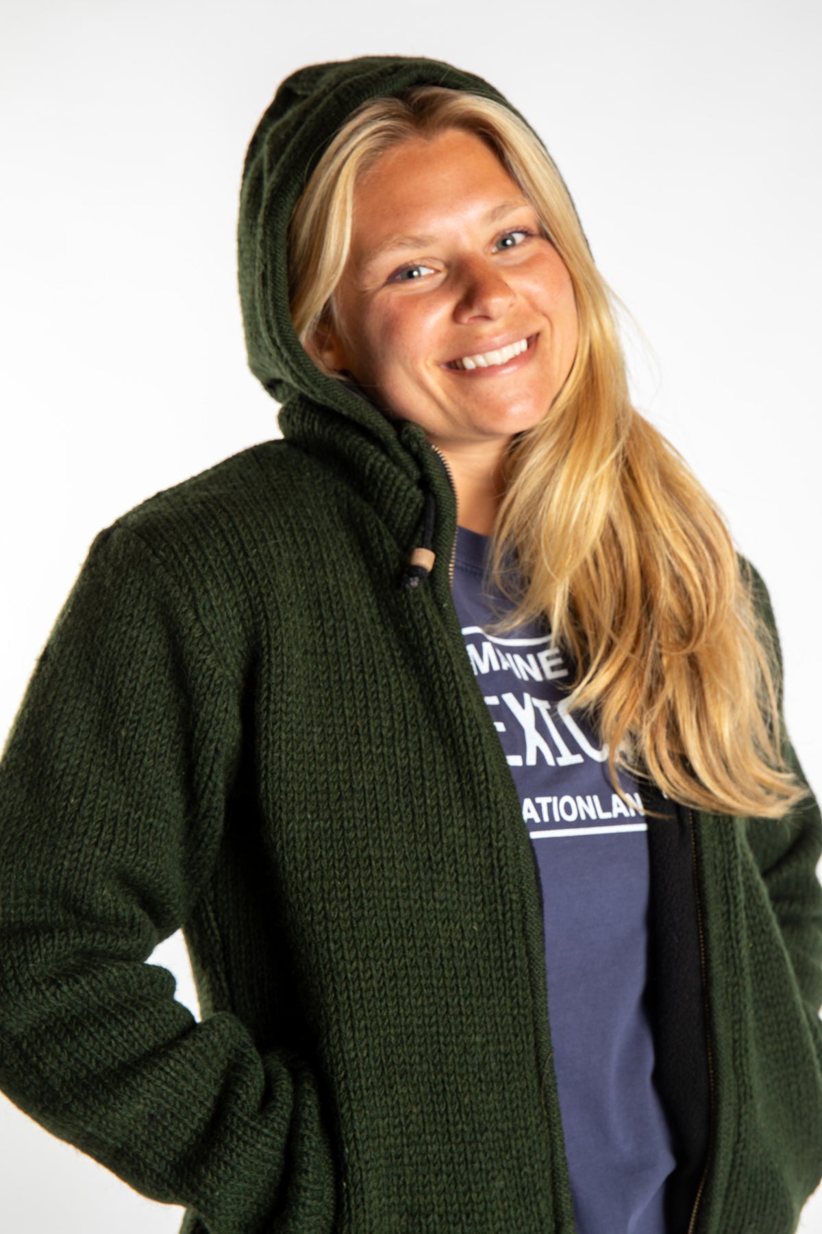 Sophie wearing size S Olivre wool hoodie jacket