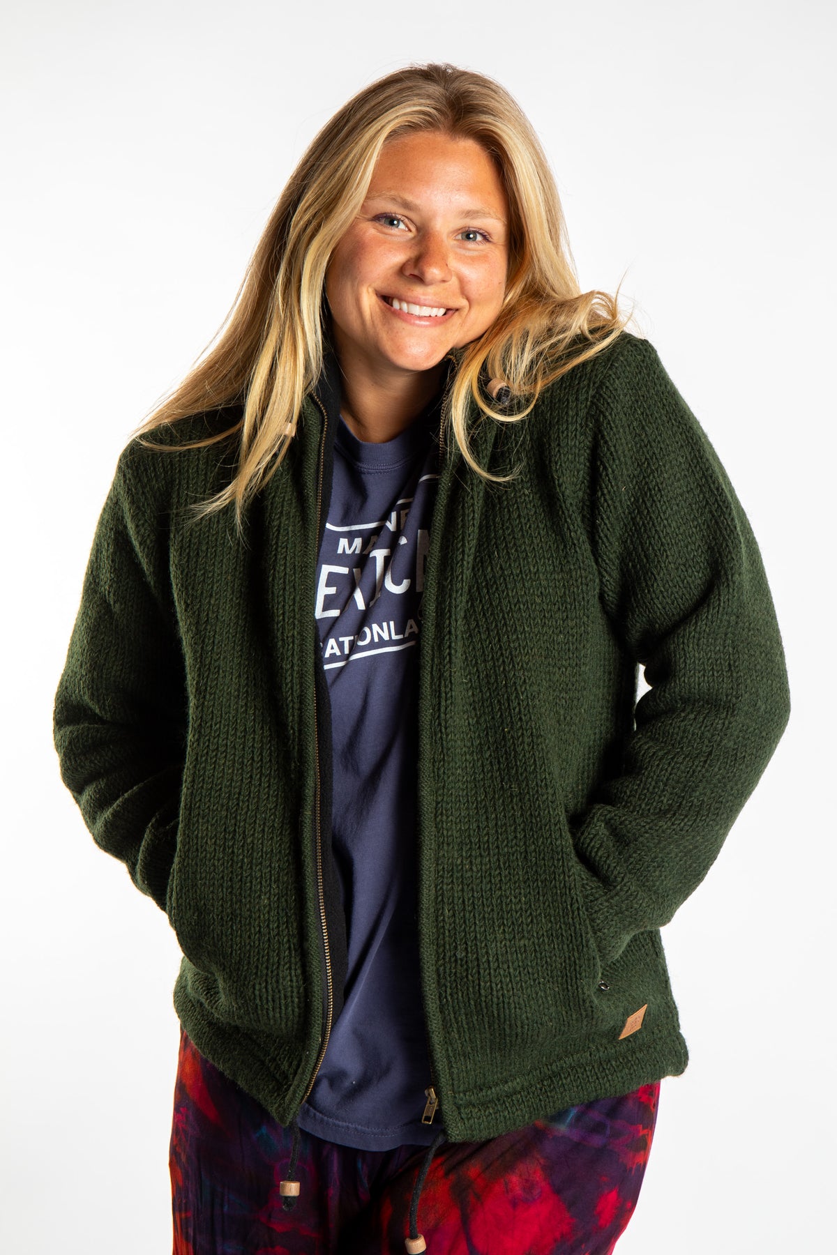 Sophie wearing size S Olive wool hoodie jacket