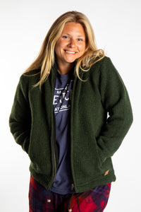 Sophie wearing size S Olive wool hoodie jacket