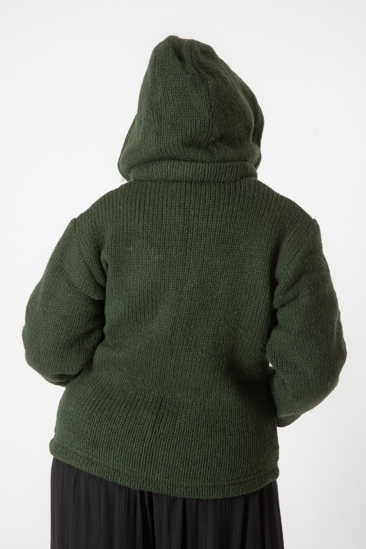 Toni wearing size S Olive wool hoodie jacket