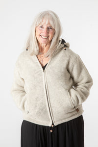 Toni wearing size S Oatmeal wool hoodie jacket