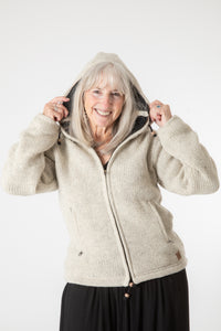 Toni wearing size S Oatmeal wool hoodie jacket