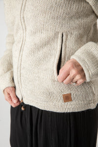Toni wearing size S Oatmeal wool hoodie jacket