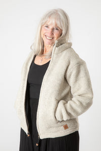 Toni wearing size S Oatmeal wool hoodie jacket