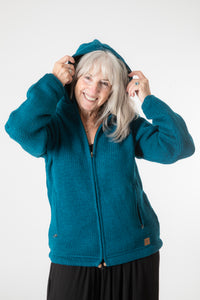 Toni wearing size S Teal Wool hoodie jacket