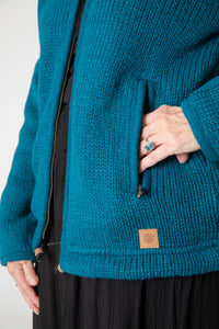 Detail of Teal wool hoodie jacket in Teal