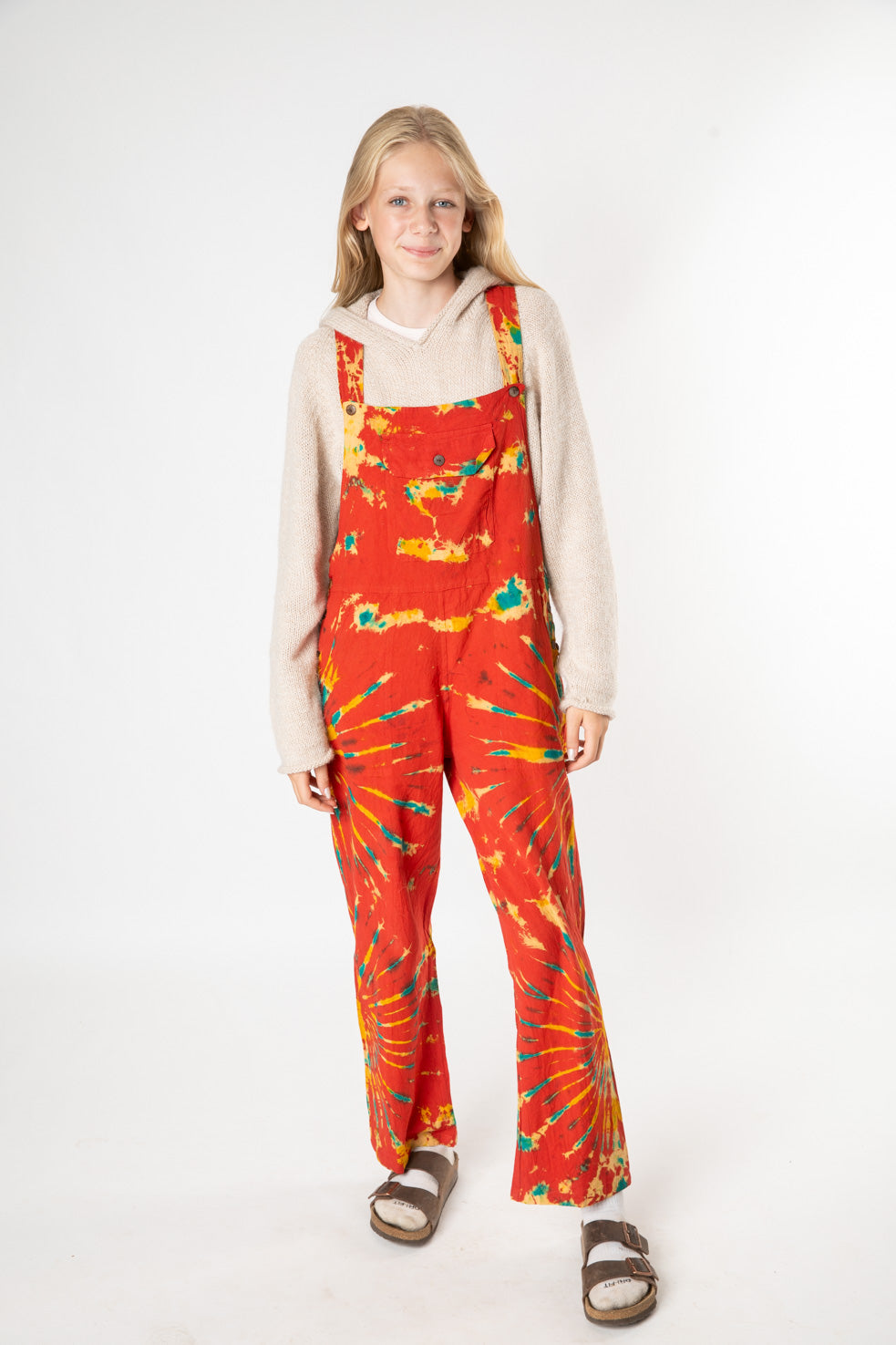 Misty is wearing size S tie dye overalls in red