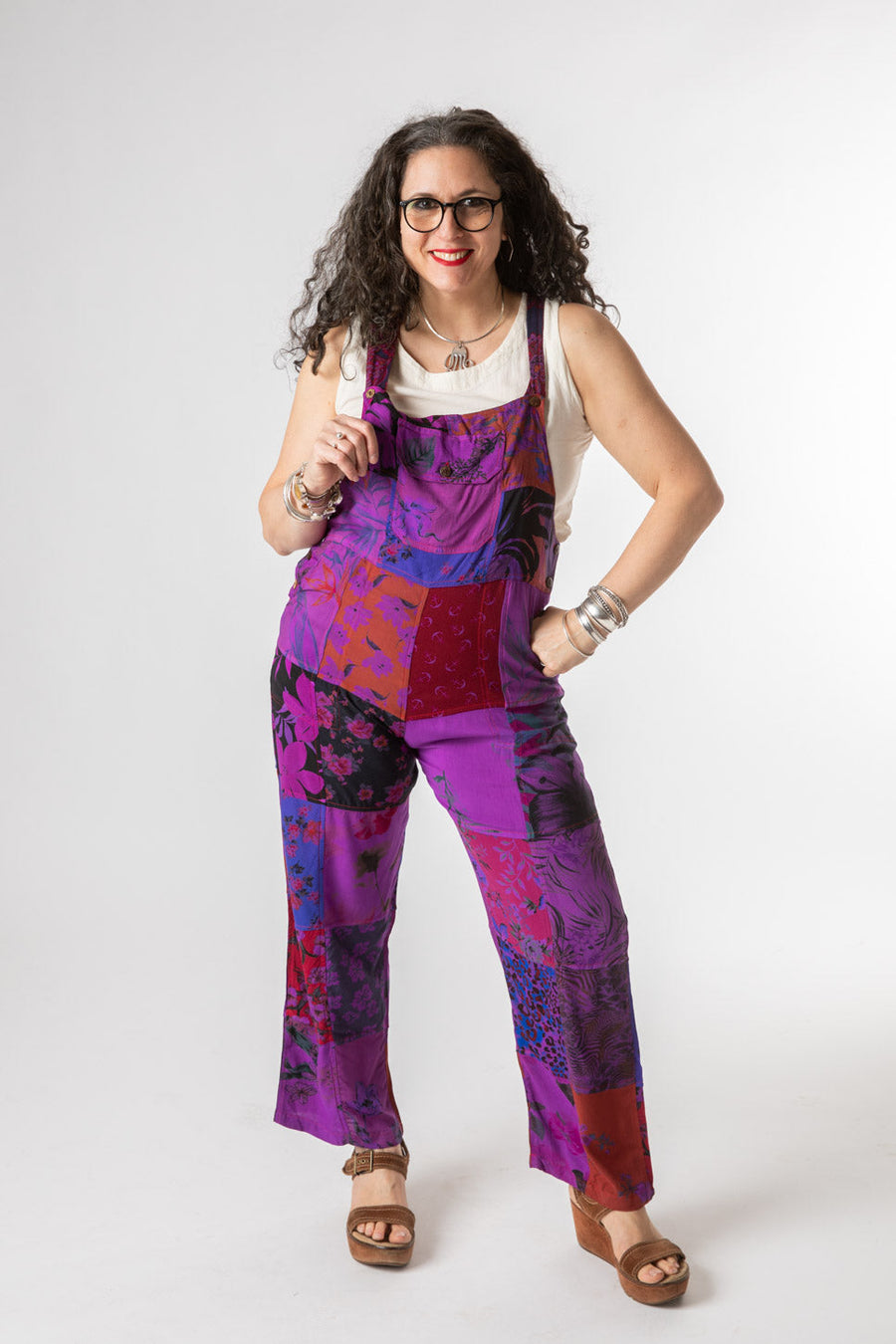 Susan is wearing size M Purple upcycled Patchwork overalls