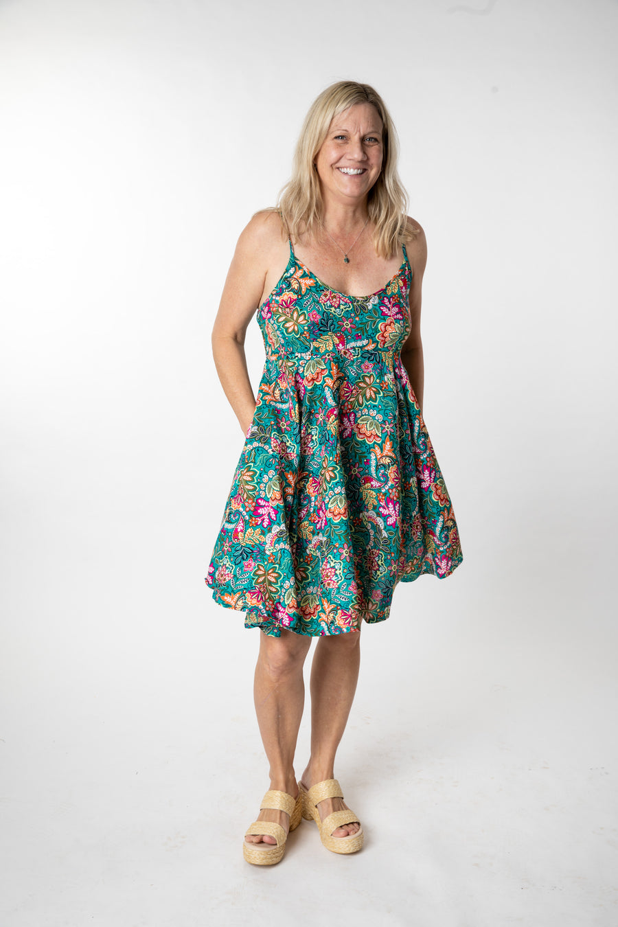 Tish is wearing size M sun dress in teal garden