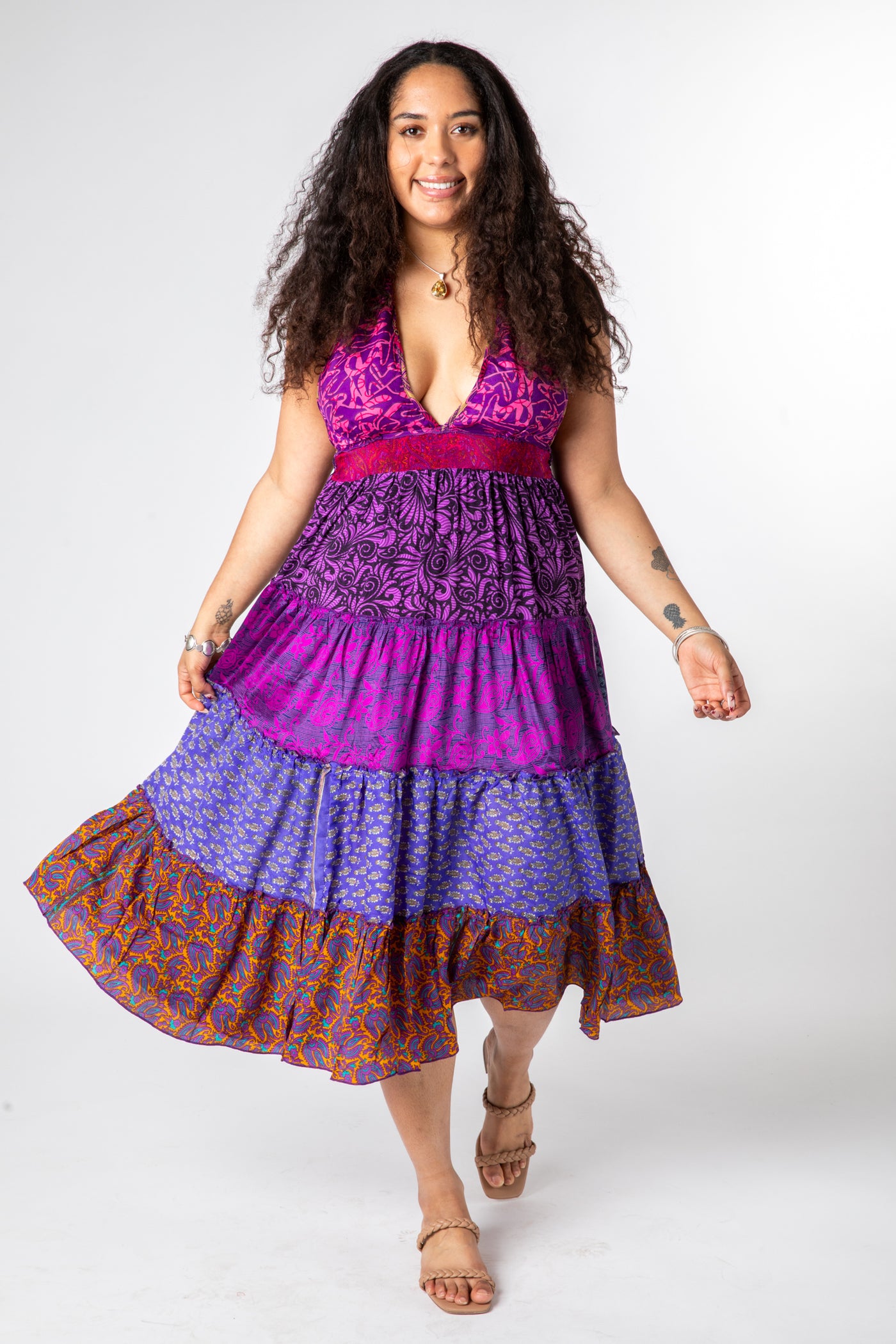 Lily is wearing size S/M patchwork halter dress in sugar magnolia