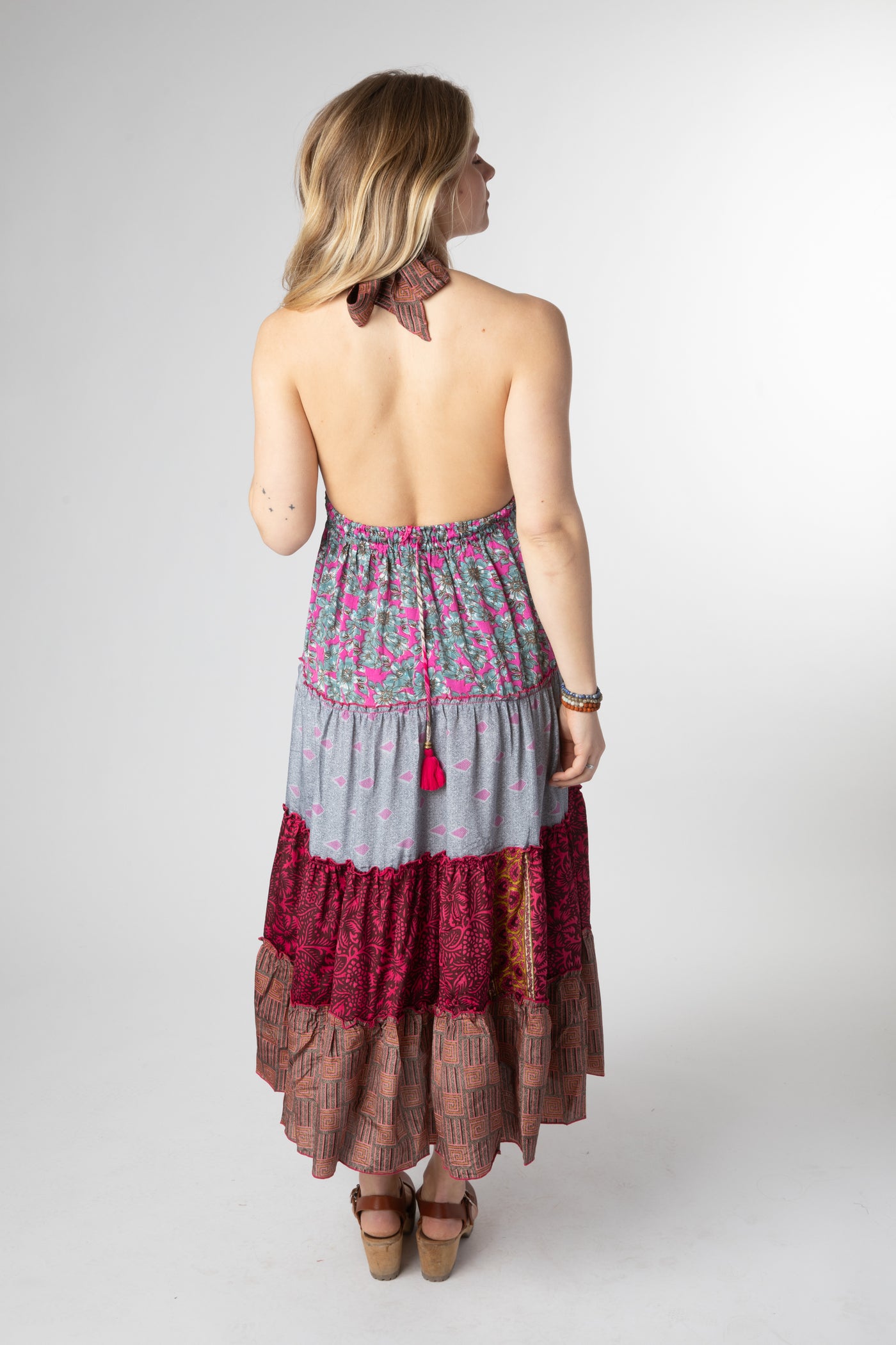 Sophie is wearing size S/M patchwork halter dress in sugar magnolia