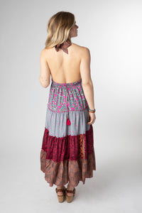 Sophie is wearing size S/M patchwork halter dress in sugar magnolia