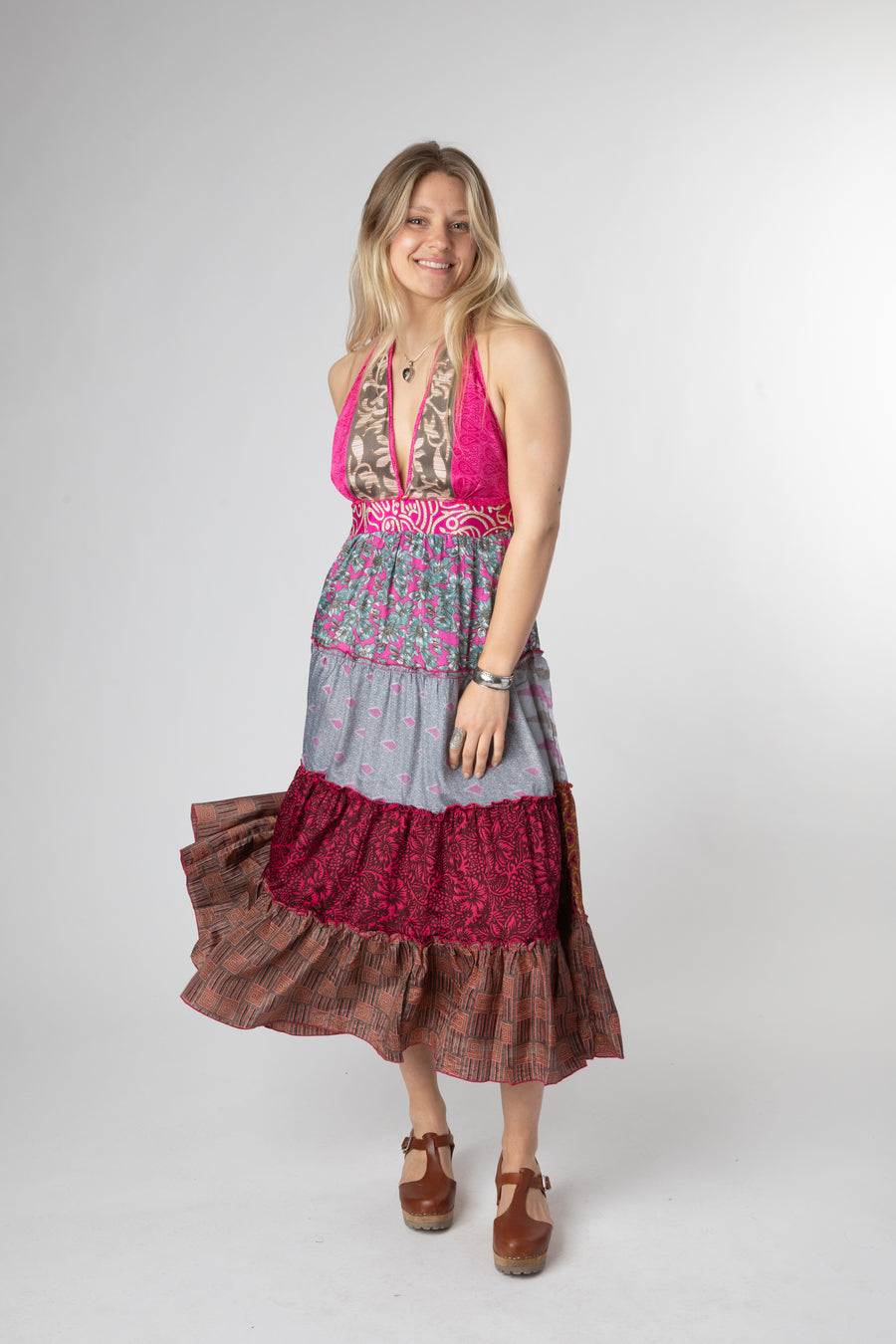 Sophie is wearing size S/M patchwork halter dress in sugar magnolia