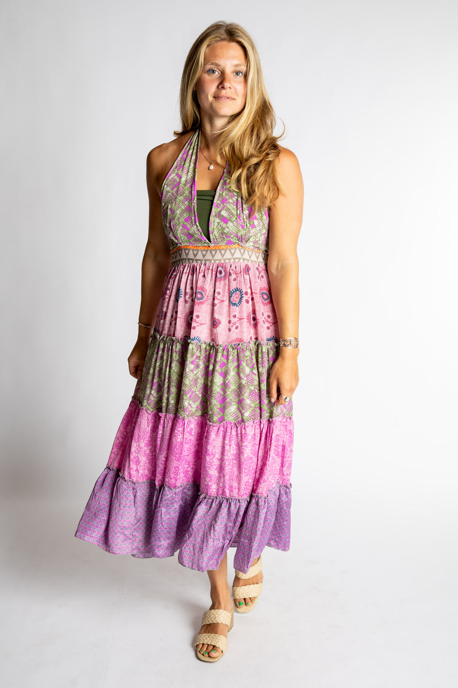 Sophie is wearing size S/M pink and purple patchwork halter dress in sugar magnolia