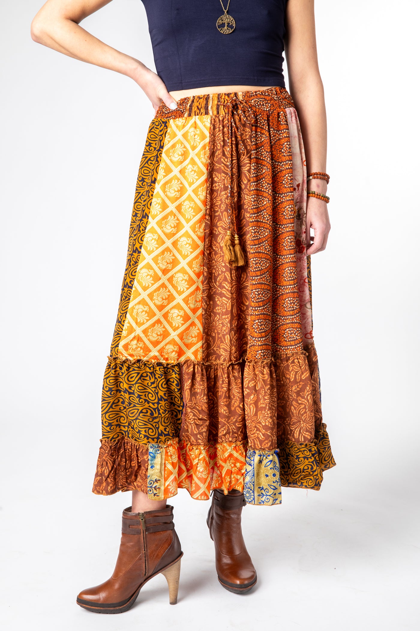 Emily is wearing a silk prairie skirt in fire on the mountain