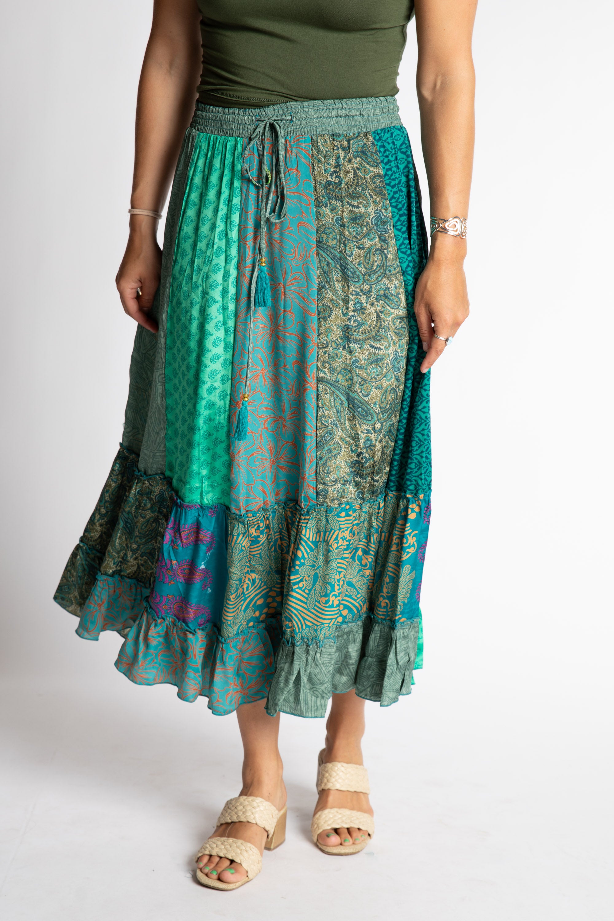 Patchwork Sari Silk Prairie Skirt | Bohemian Silk Skirt · Mexicali