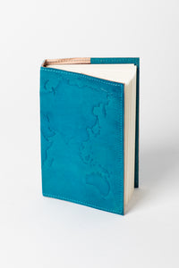 blue world map embossed leather journal