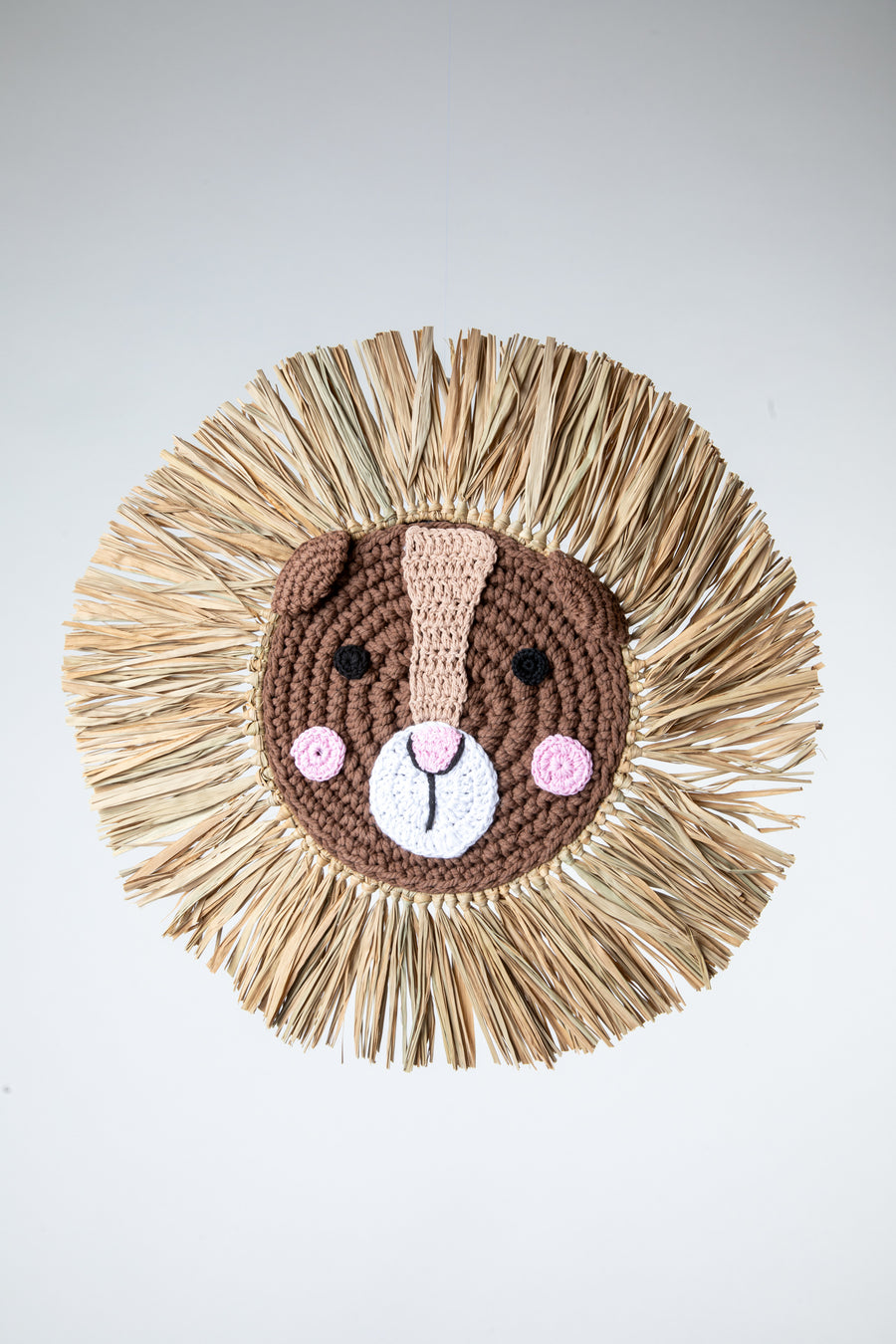Macrame wall hanging in the shape of a squirrel's face with a mane made from palm fronds.