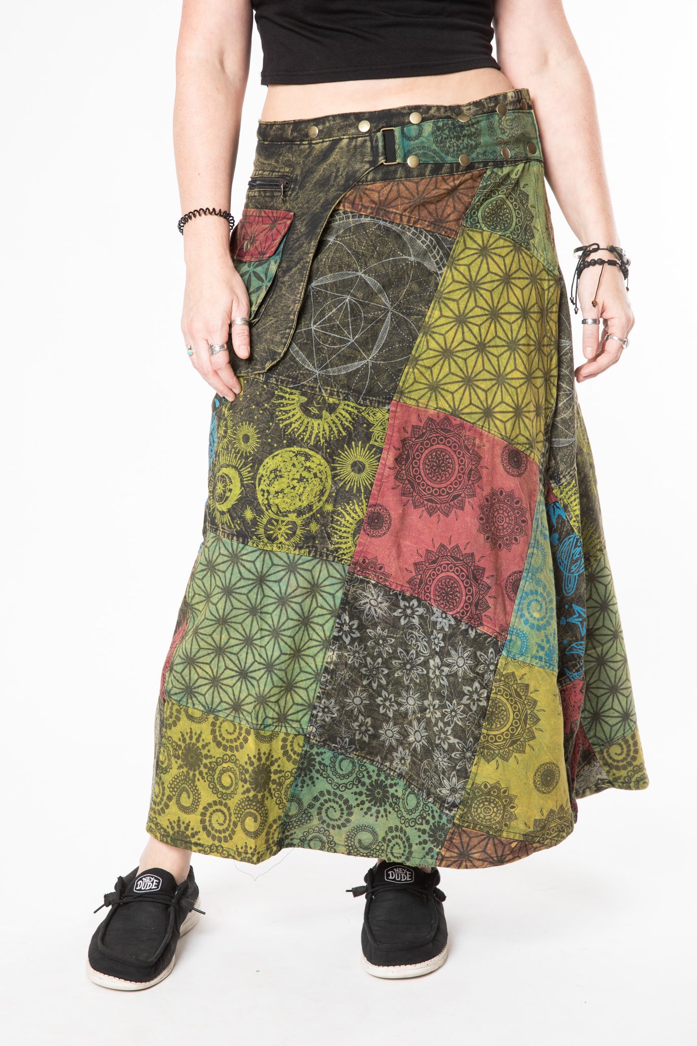 Margaret is wearing size S/M patchwork maxi skirt in green 