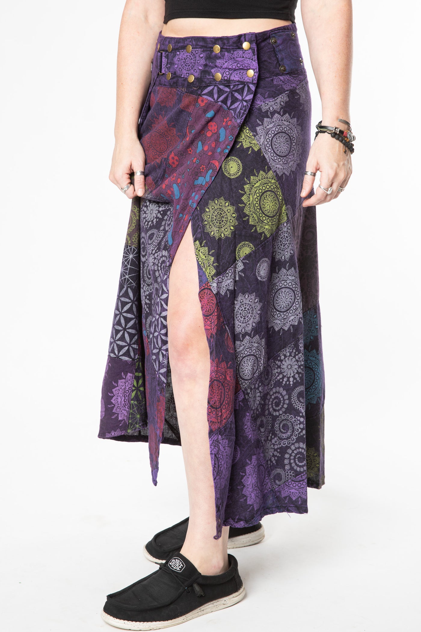 Margaret is wearing size S/M patchwork maxi skirt in purple 
