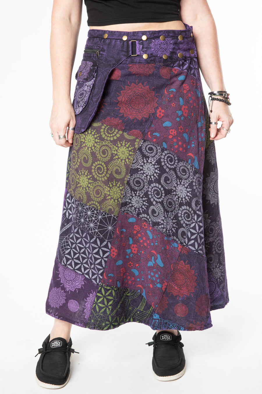 Margaret is wearing size S/M patchwork maxi skirt in purple 