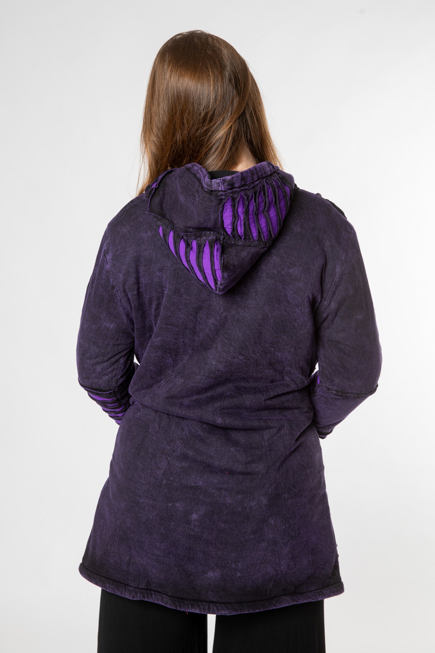 Margaret is wearing size M patchwork jacket in purple