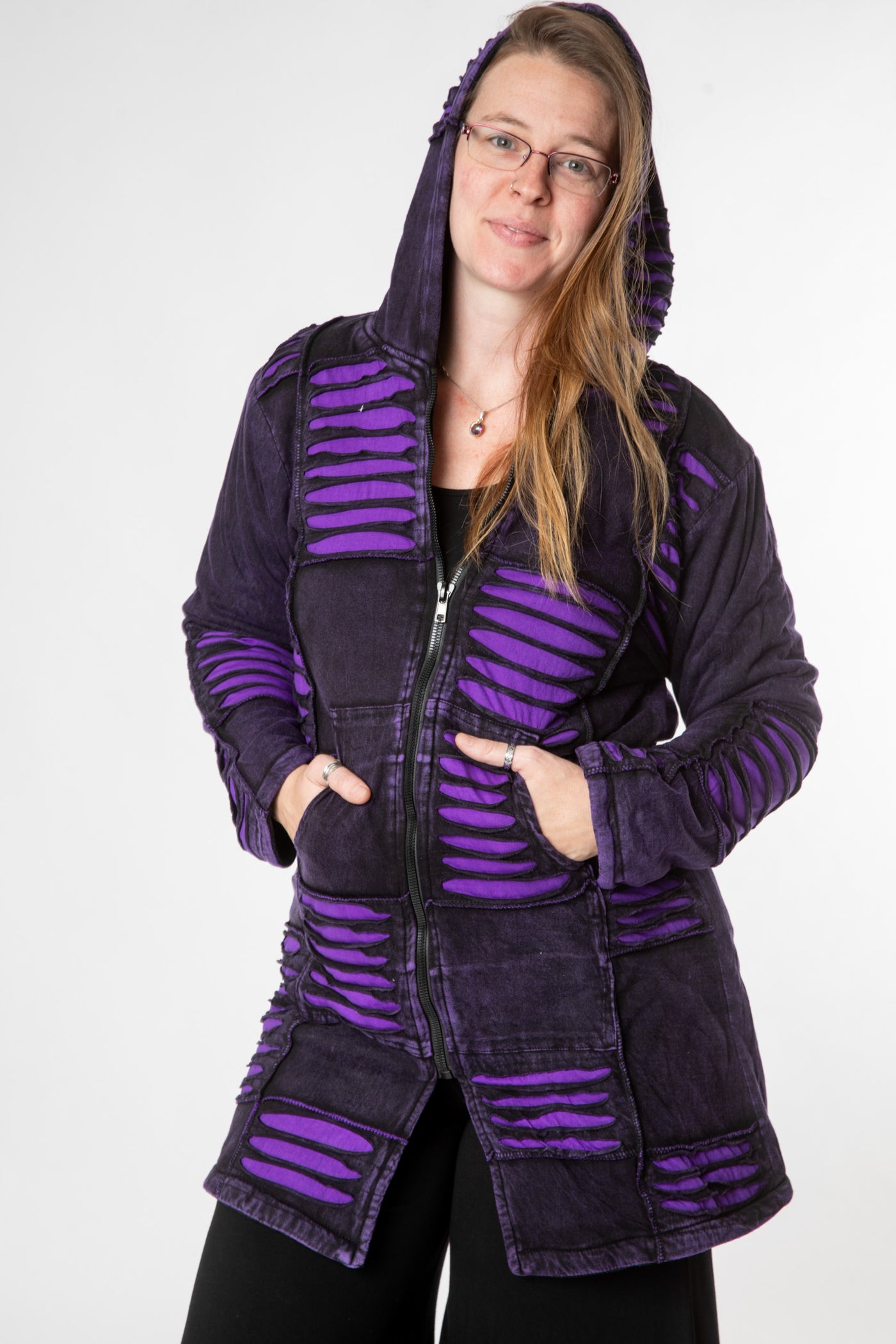 Margaret is wearing size M patchwork jacket in purple