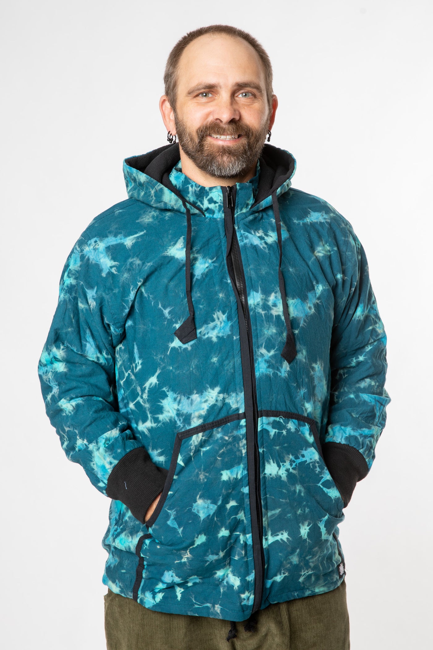 Harvey is wearing size M tie dye jacket in blue