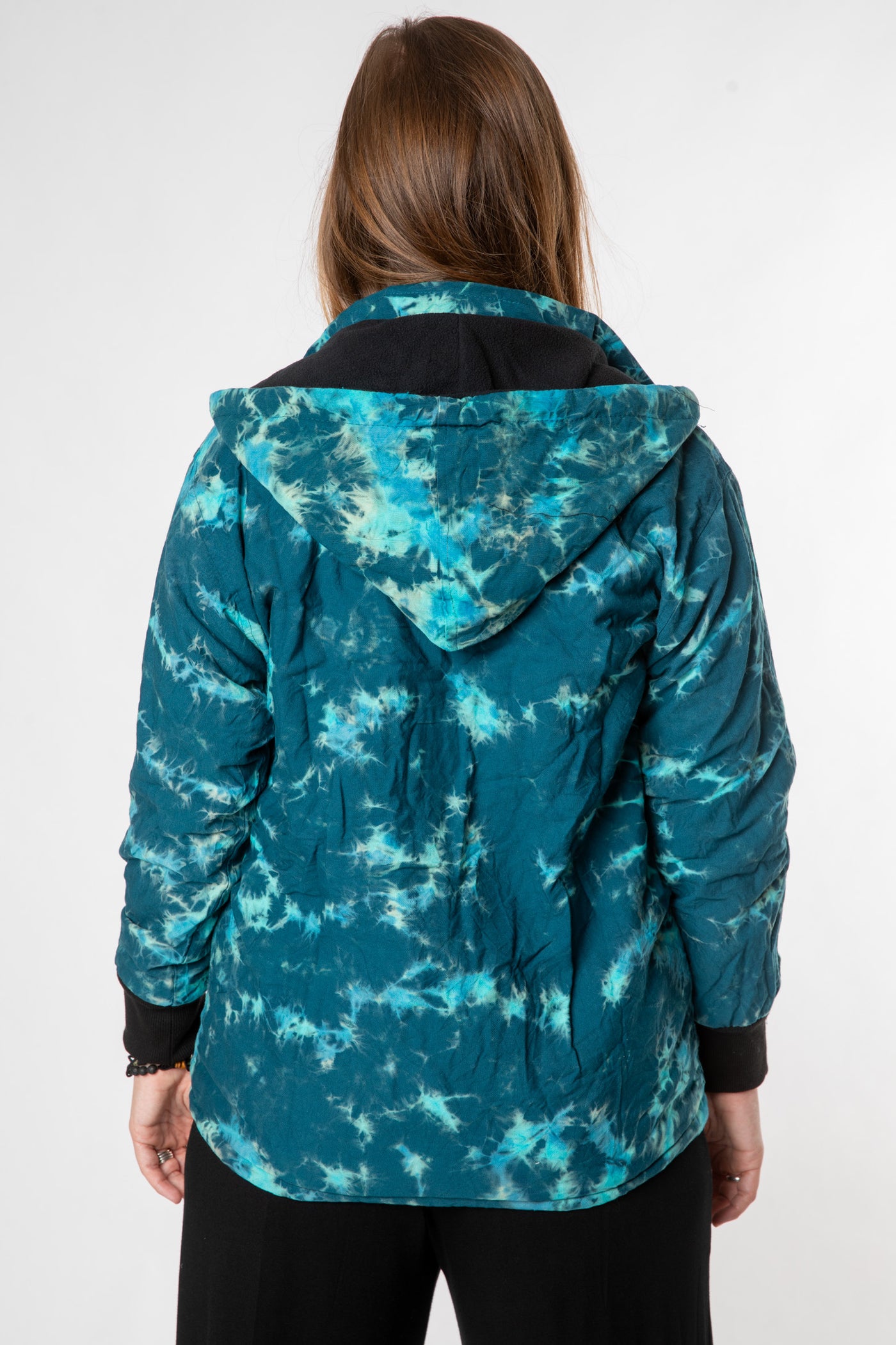 Margaret is wearing size M tie dye jacket in blue