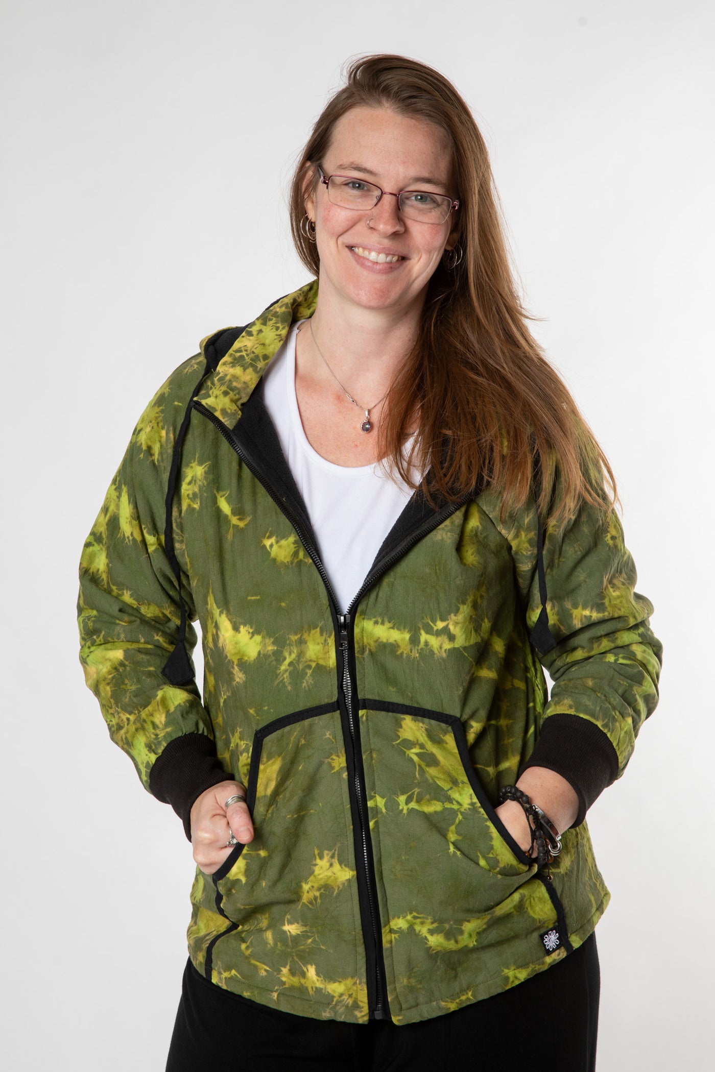 Margaret is wearing size M tie dye jacket in green