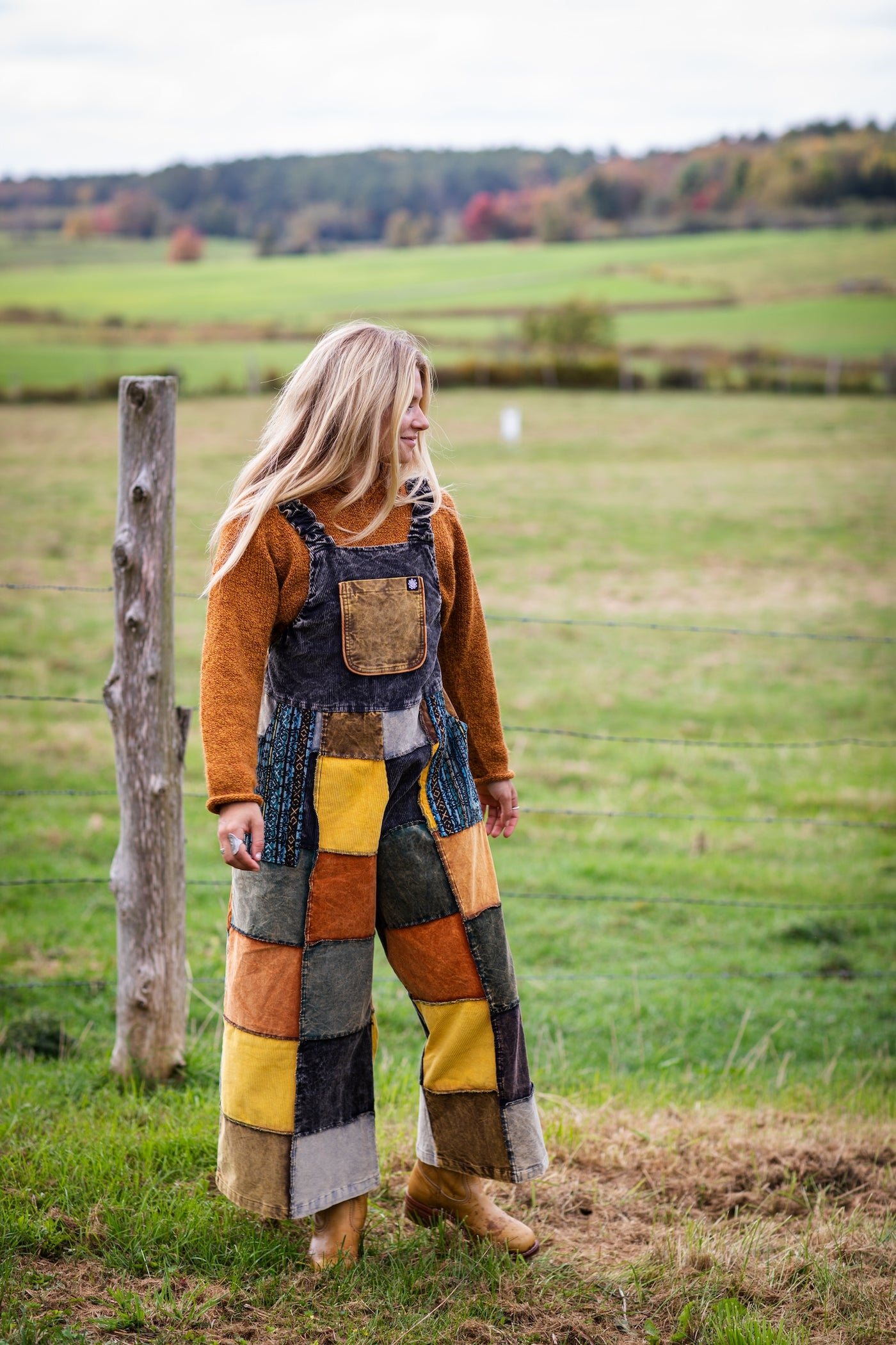 Sophie is wearing size S/M patchwork corduroy jumper in natural