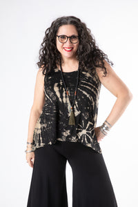 Susan is wearing a tie dye tank top in black and white