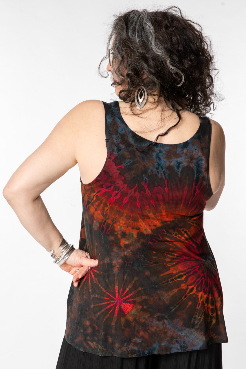 Susan is wearing a tie dye tank top in brown