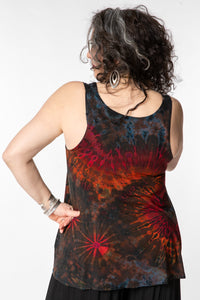 Susan is wearing a tie dye tank top in brown