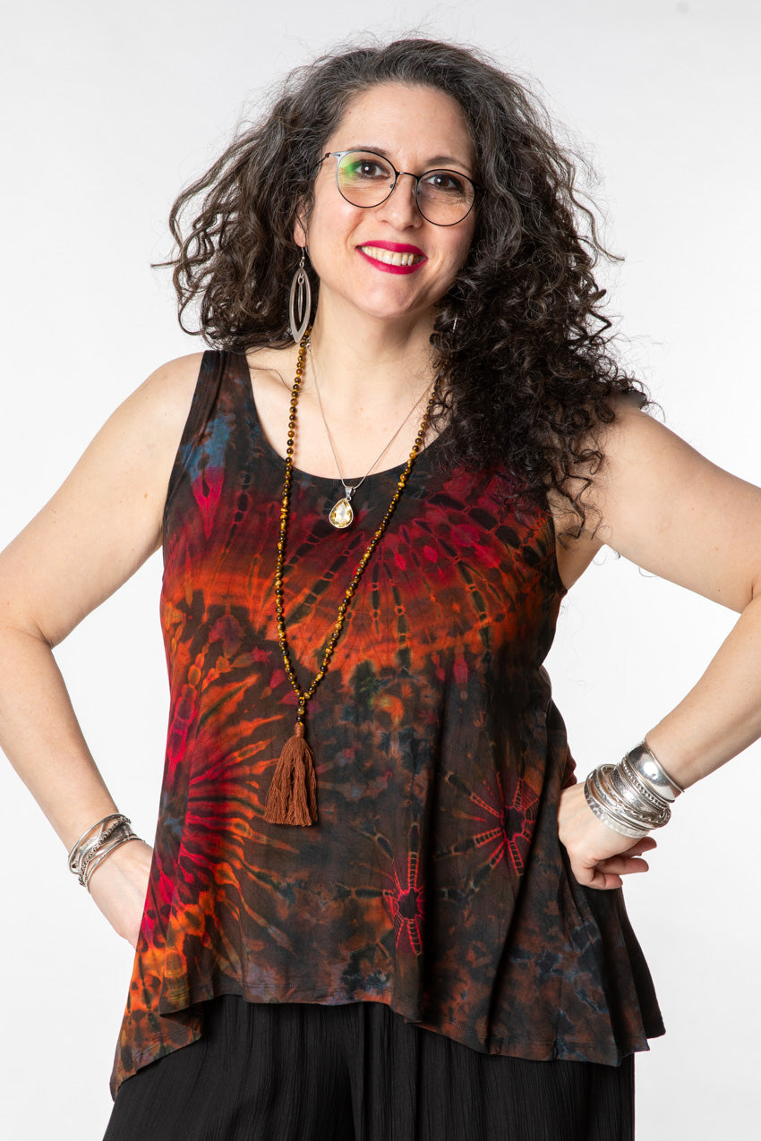Susan is wearing a tie dye tank top in brown