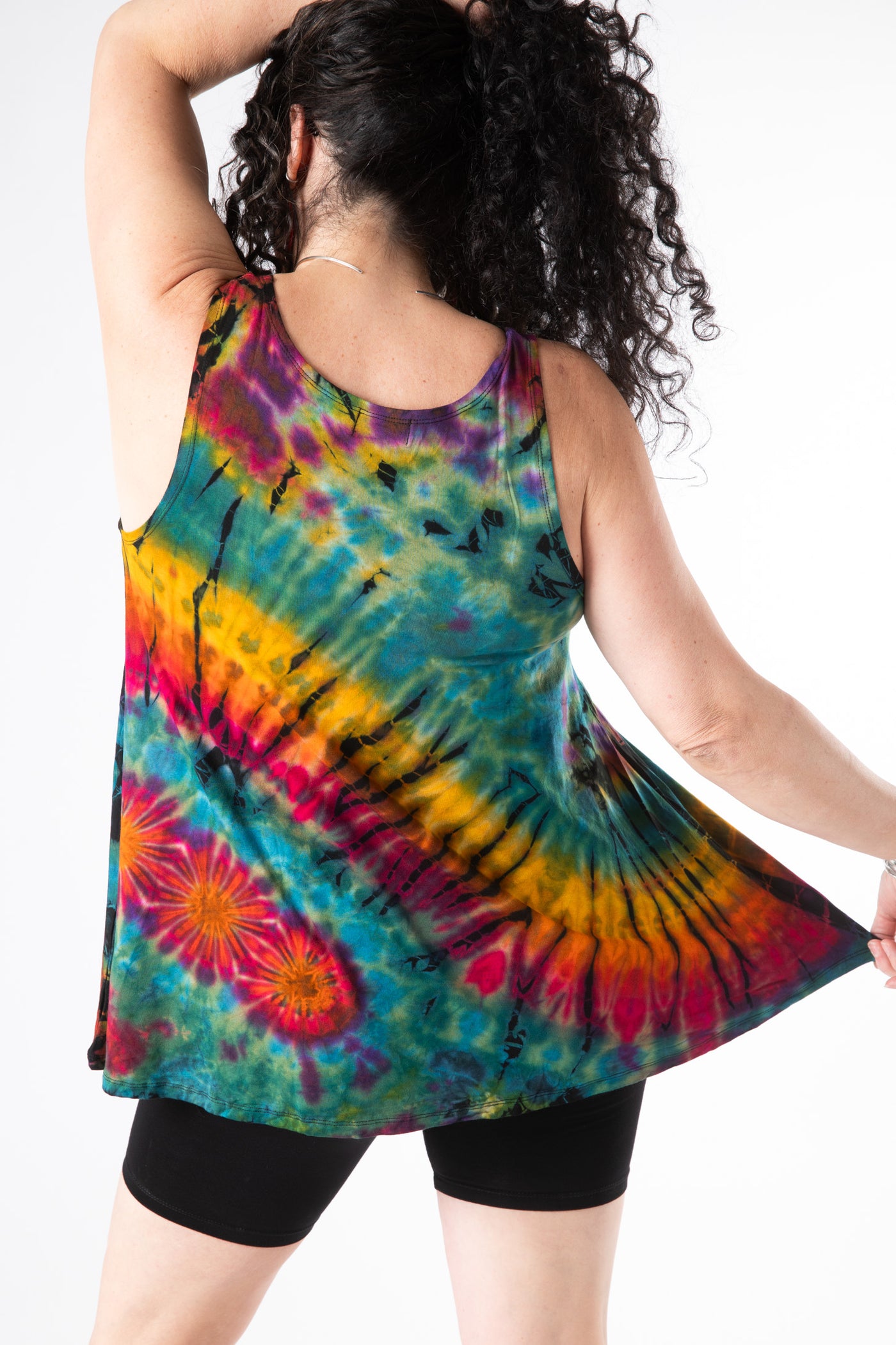 Susan is wearing a tie dye tank top in green