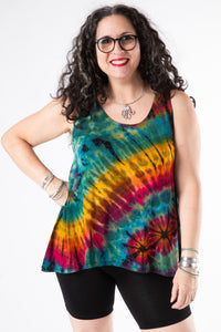 Susan is wearing a tie dye tank top in green