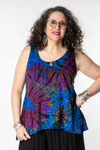 Susan is wearing a tie dye tank top in navy