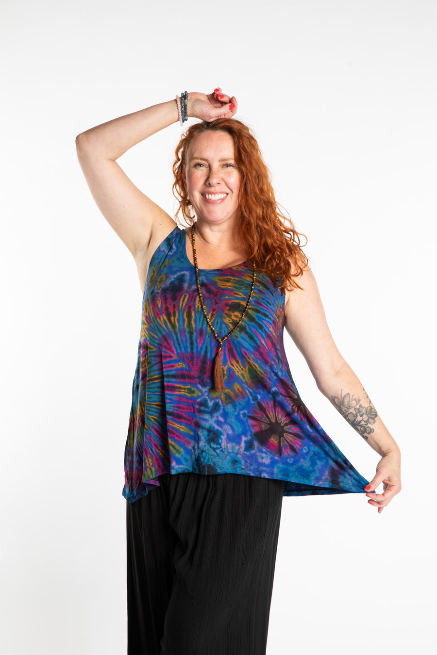 Maggie is wearing the Navy Ahana Tie Dye Tank Top