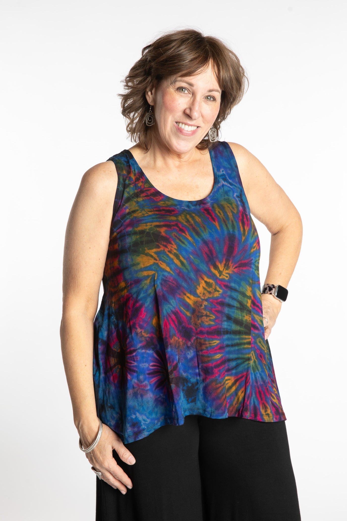 Betty is wearing the Navy Ahana Tie Dye Tank Top