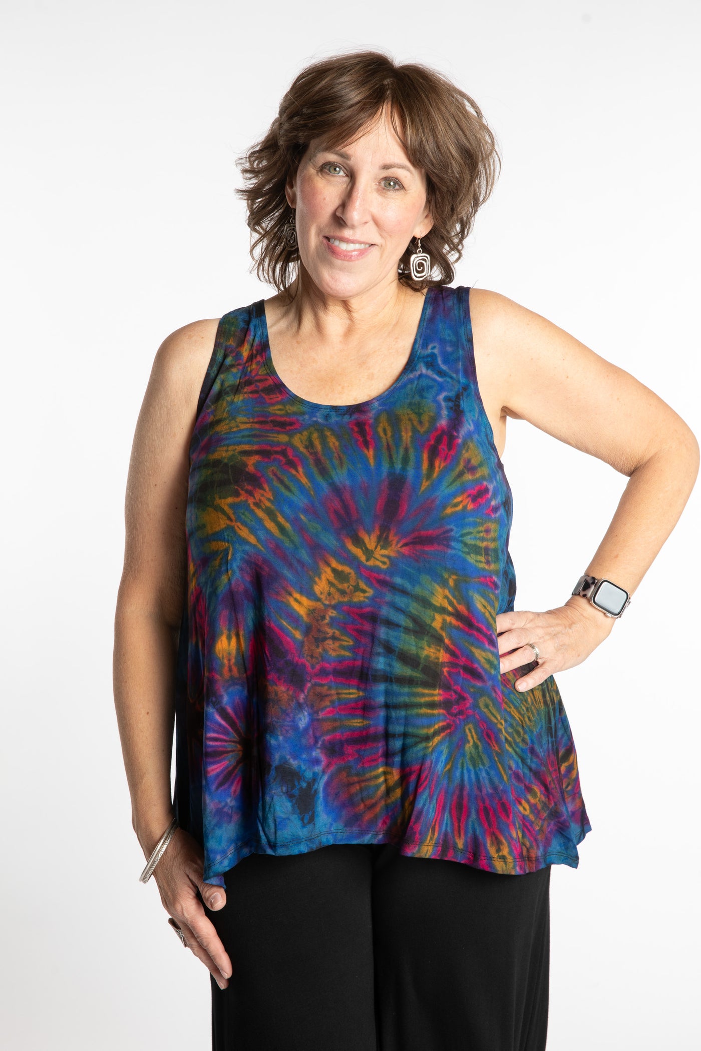 Betty is wearing the Navy Ahana Tie Dye Tank Top