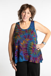 Betty is wearing the Navy Ahana Tie Dye Tank Top
